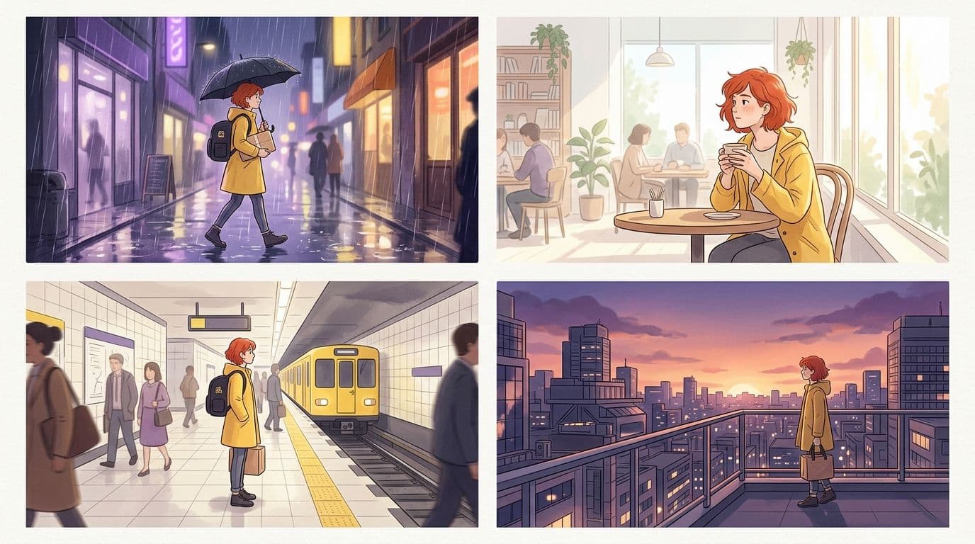 One character, four scenes: same face, hair and outfit in every panel