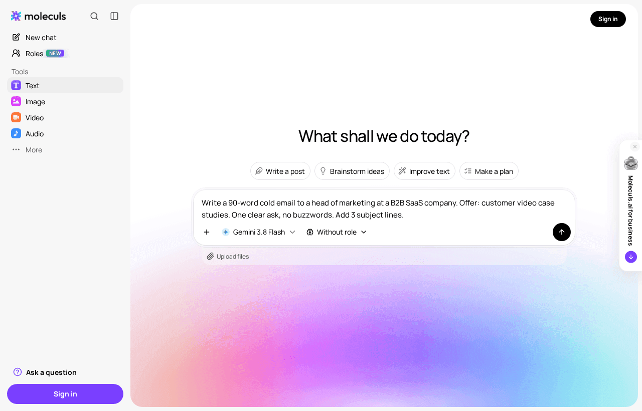A short cold email brief in a text model's input field