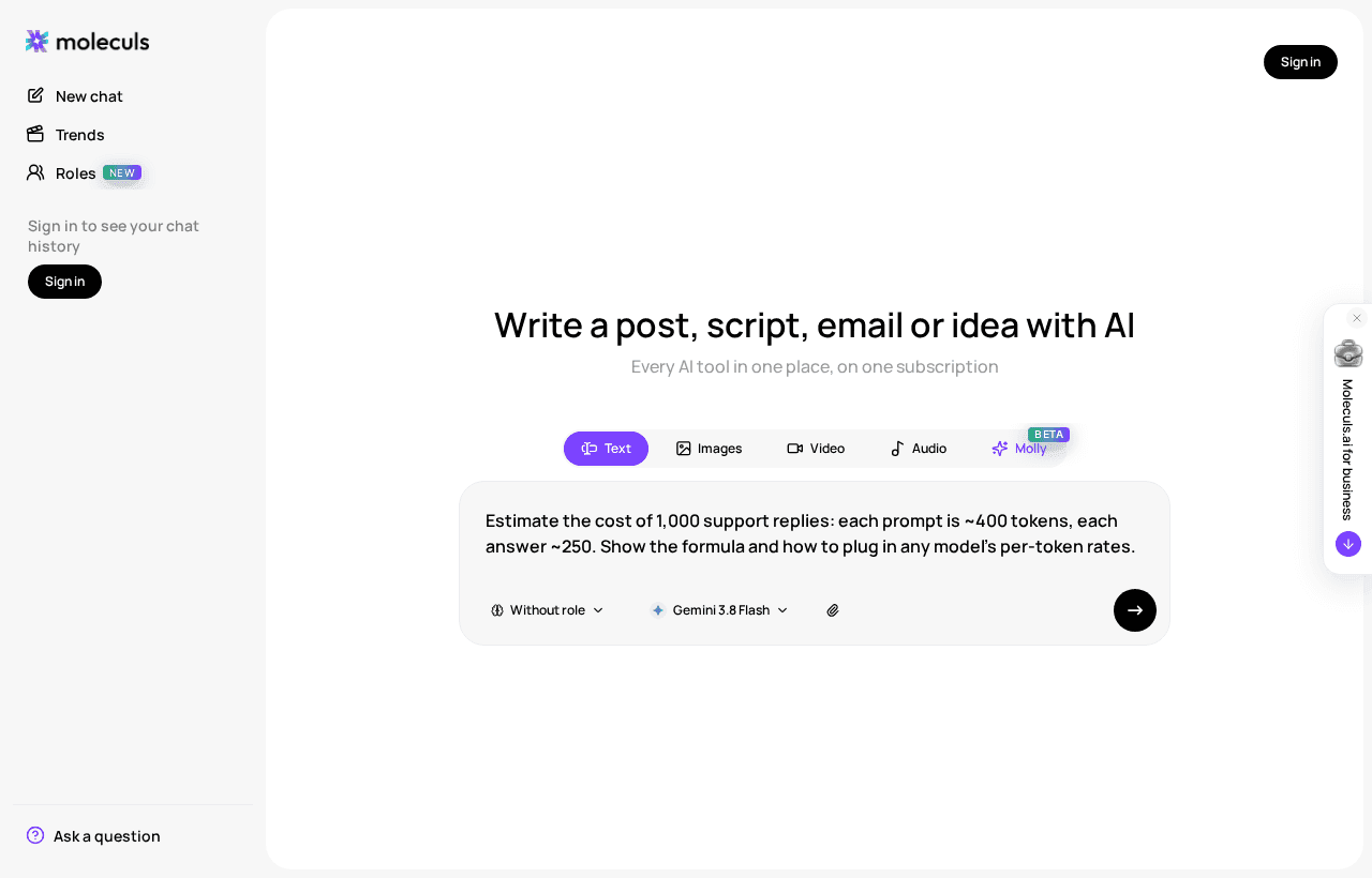 A text chat with the cost-estimate prompt filled in and the current model name visible