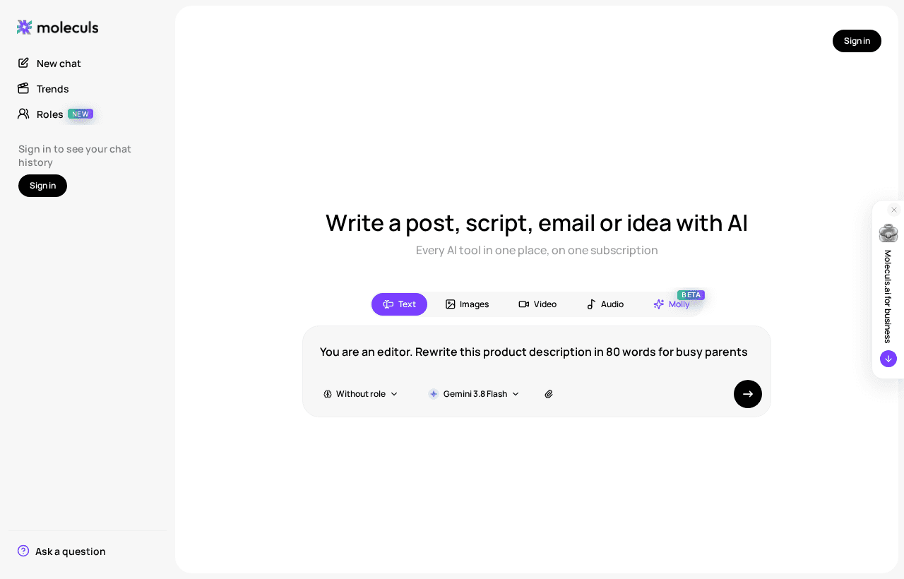 A prompt with a role, a task and a length limit in the input field