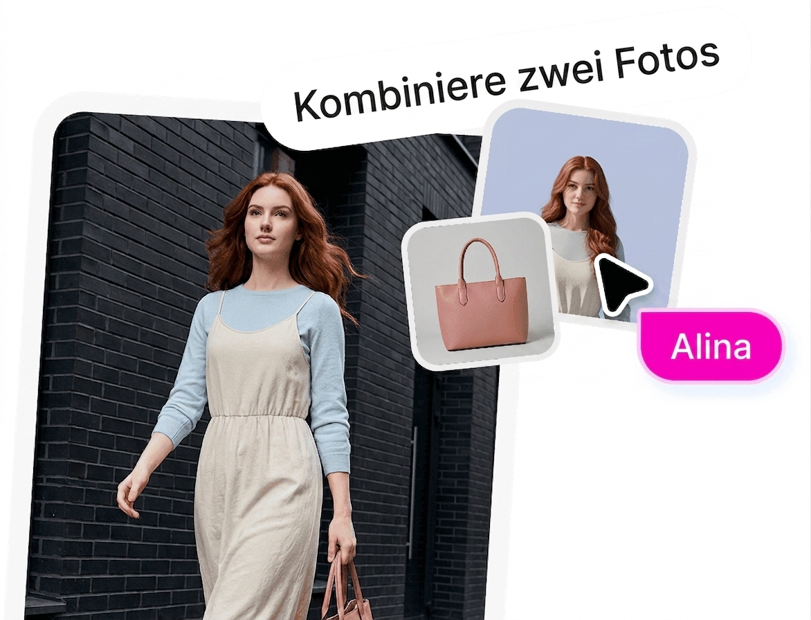 „Zwei Fotos: eine Frau und eine Handtasche auf grauem Hintergrund. Schlag kreative Konzepte für eine Produktlistingkarte auf einem Marktplatz vor.
