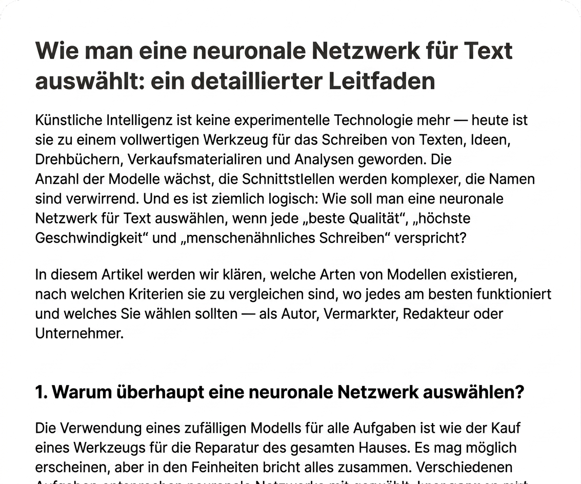 „1.500-Wörter-Artikel ‚Wie man die richtige KI für seine Inhalte auswählt,' mit Struktur + FAQ