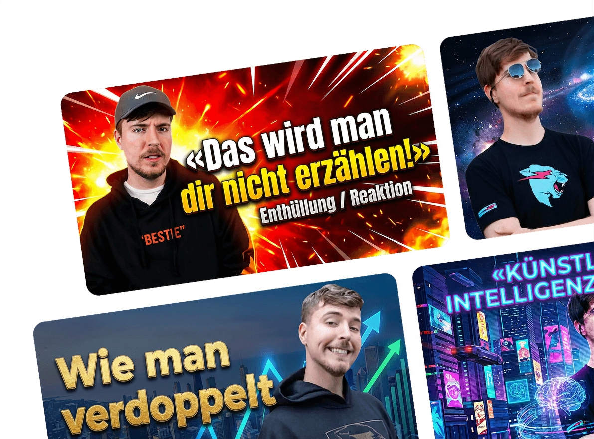 „Eine Serie von YouTube-Thumbnails für neue Videos erstellen — mit automatischem Moderator-Freisteller und verschiedenen Kompositionen je nach Videoinhalt