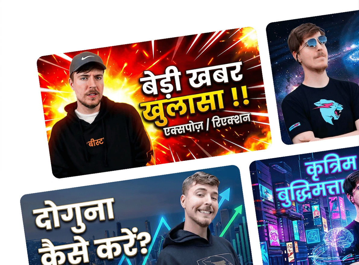 "नए वीडियो के लिए YouTube थंबनेल की एक सीरीज बनाएं — ऑटो होस्ट कटआउट और वीडियो विषयों पर आधारित विभिन्न कंपोज़िशन के साथ"